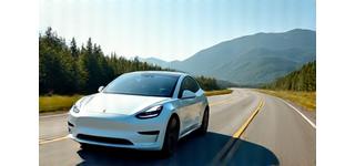 Tesla Model Y driving on a highway with mountains in the background
