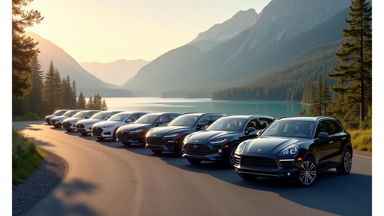 Diverse fleet of rental cars parked in a scenic Canadian setting, ready for hire