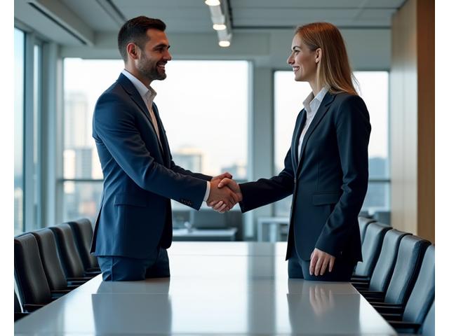 Two business professionals shaking hands in a modern office, representing a successful corporate car rental partnership.