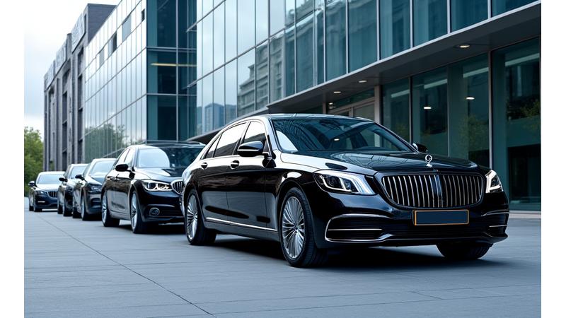 A line of sophisticated black luxury sedans (e.g., Mercedes-Benz S-Class, BMW 7 Series) parked in front of a modern corporate building, ready for executive transportation.