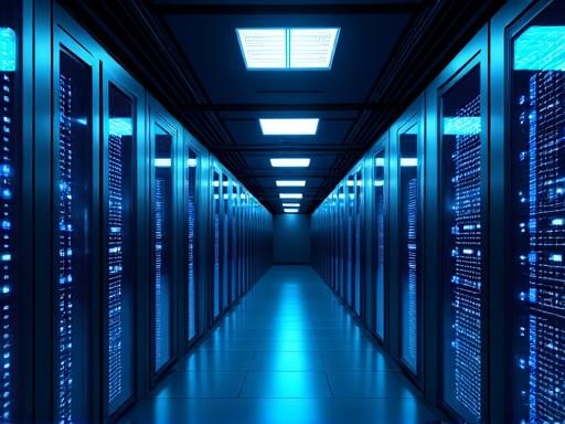 Secure server racks with glowing blue lights, representing robust data security for car rental systems.