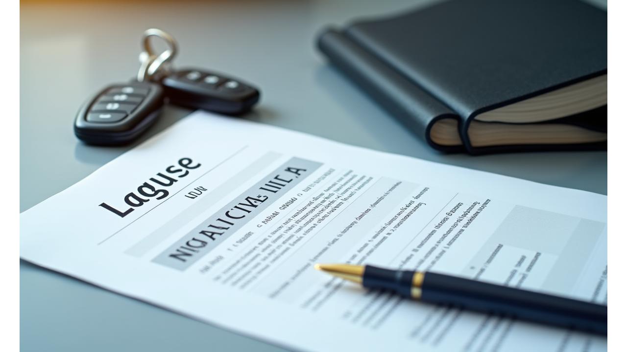 Illustration of a legal document with a pen and a car key, symbolizing car rental agreement and compliance.