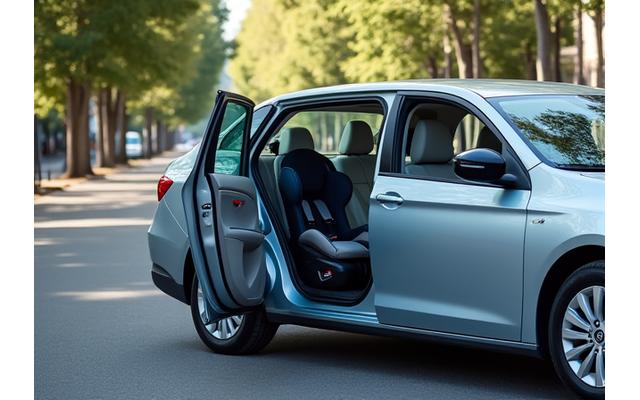 Spacious sedan, perfect for city exploration and comfortable family road trips, child car seat visible in the back.