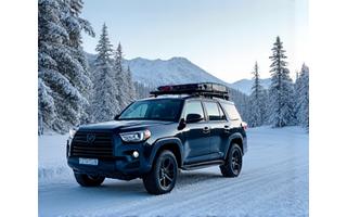 SUV with ski racks driving on a snowy mountain road, indicating a winter car rental for ski trips.